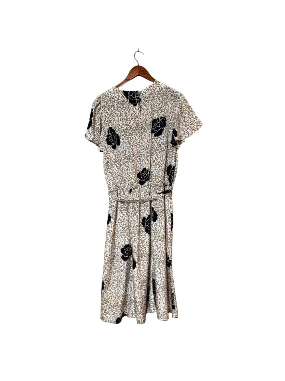 Floral Midi Dress With Short Sleeves & Tie Waist Beige & Black Vintage Style - Picture 2 of 6
